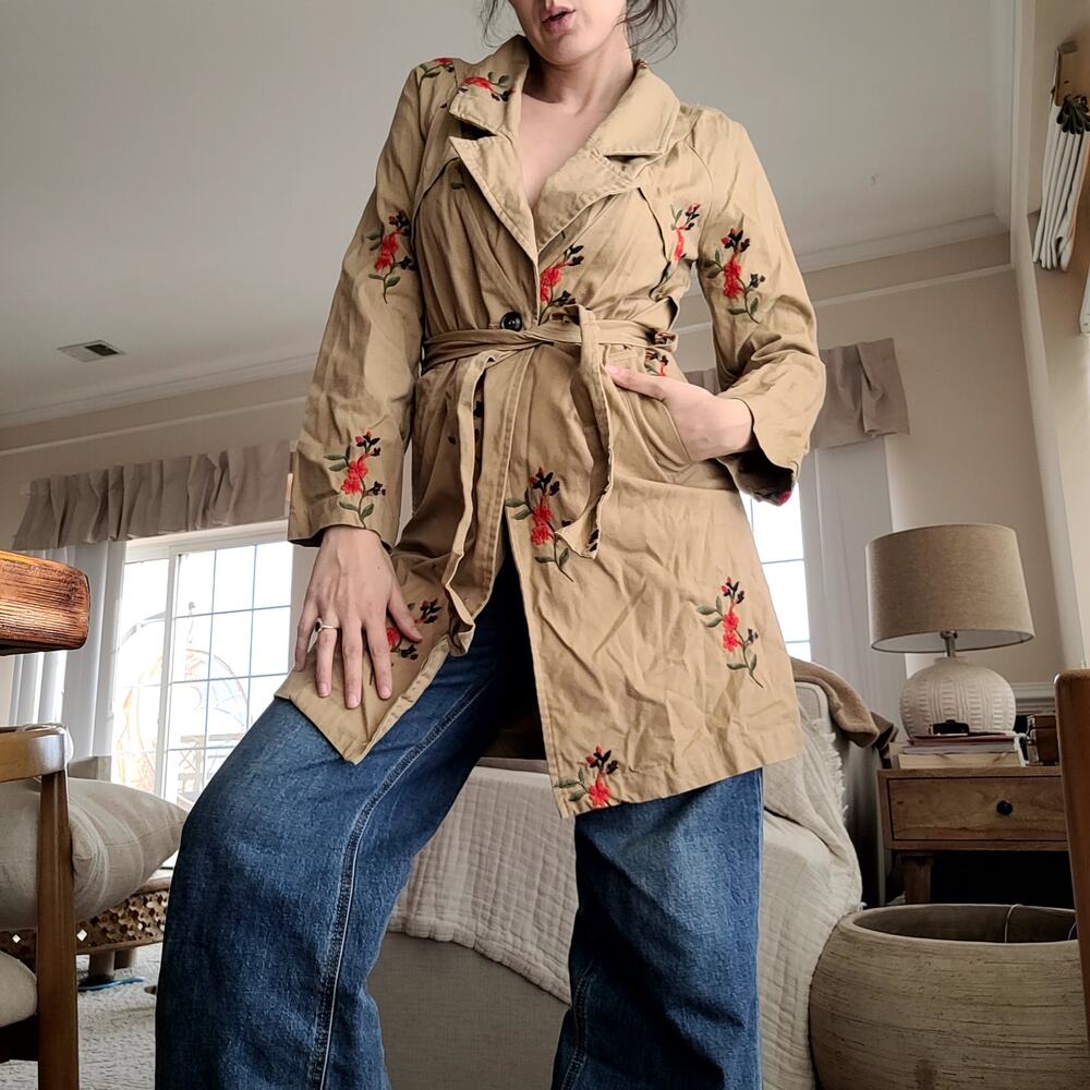 Embroidered Floral Khaki Jacket Anthropologie Sz XS